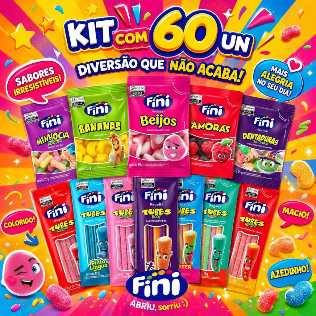 Kit 60 Fini Balas Gelatinas Tubes Sabores Variados Azedinhas Cítricas 15g