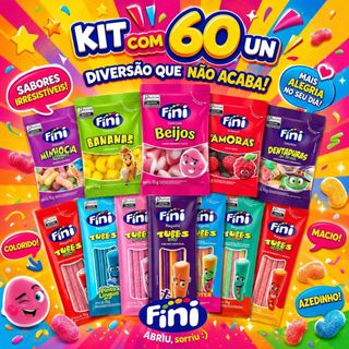 Kit 60 Fini Balas Gelatinas Tubes Sabores Variados Azedinhas Cítricas 15g