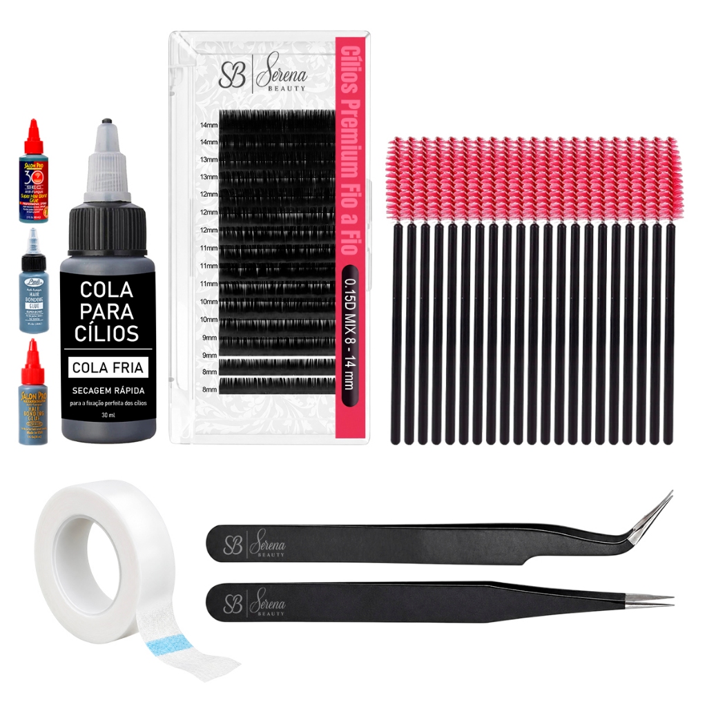 Kit Extensão de Cílios Fio a Fio Lash Designer Iniciante Profissional Cola Escovinha Micropore Pinça