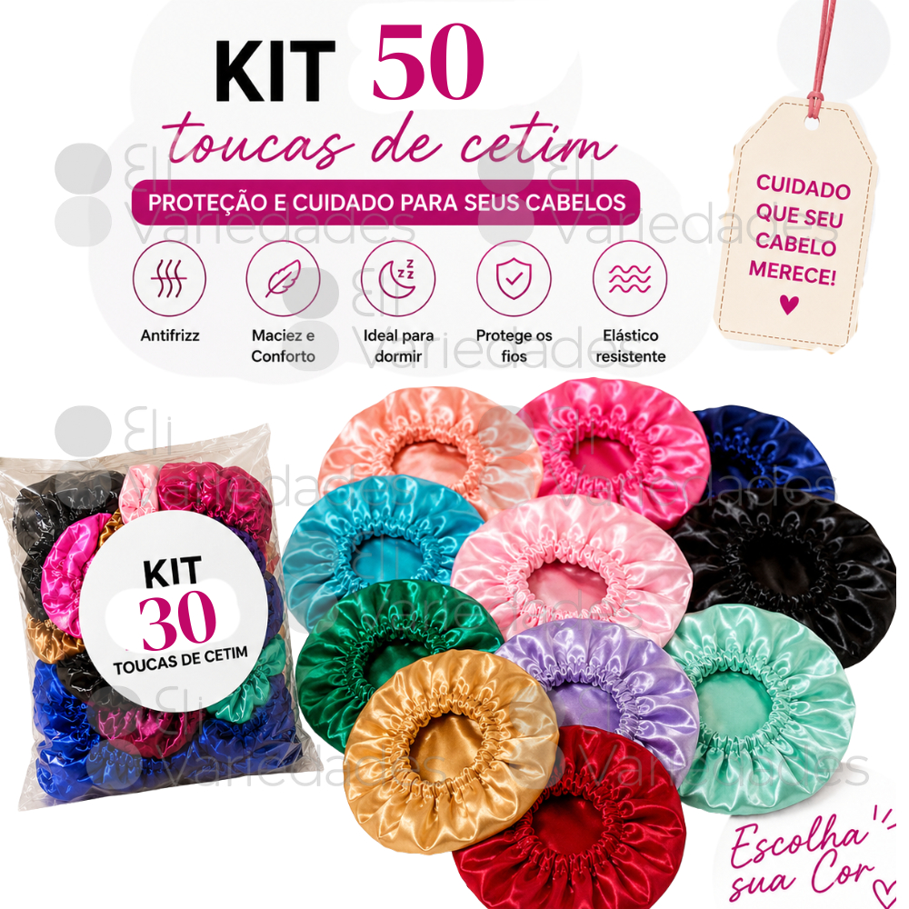 Kit com 50 Toucas de Cetim Antifrizz – Ideal para Dormir, Cachos Definidos e Sem Frizz - REVENDEDOR