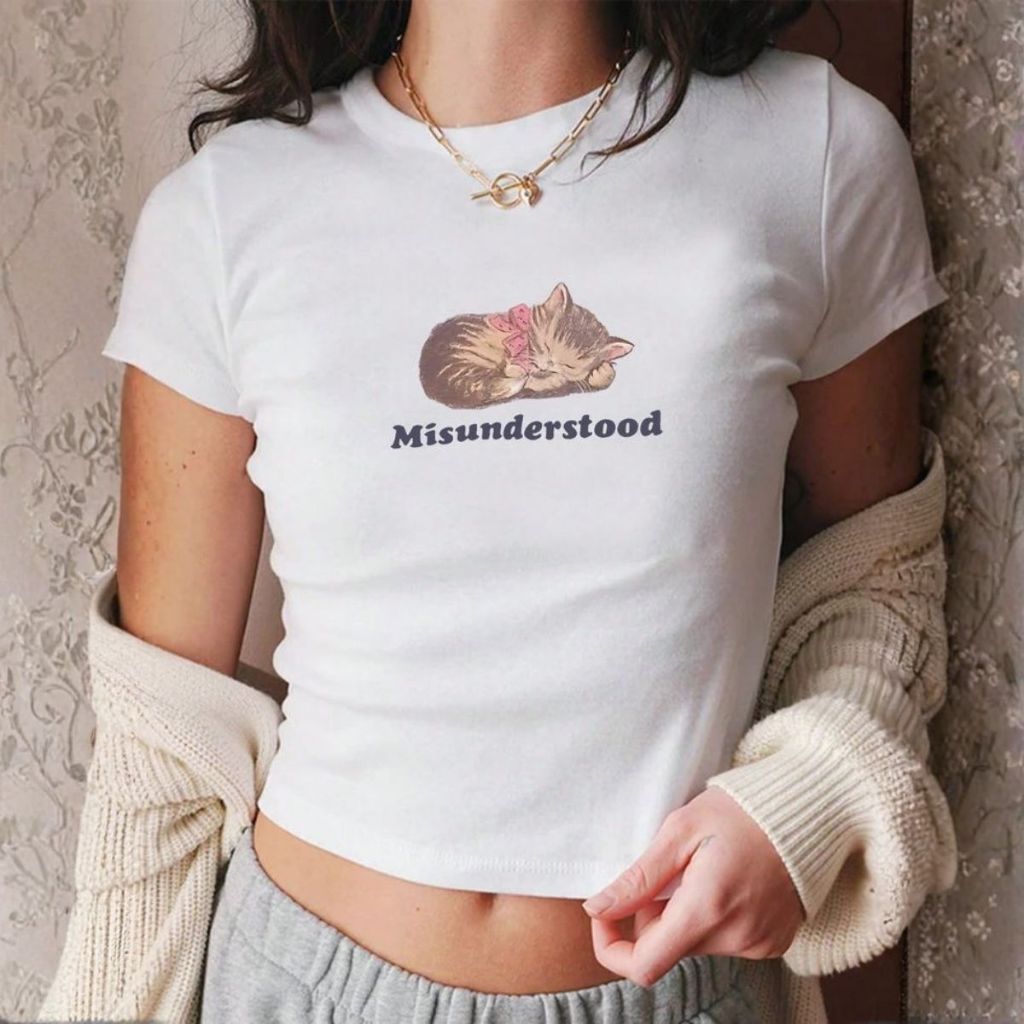 Cropped De Algodão Com Estampa Coquette Feminino Tendência Y2k Minimalista Confortável