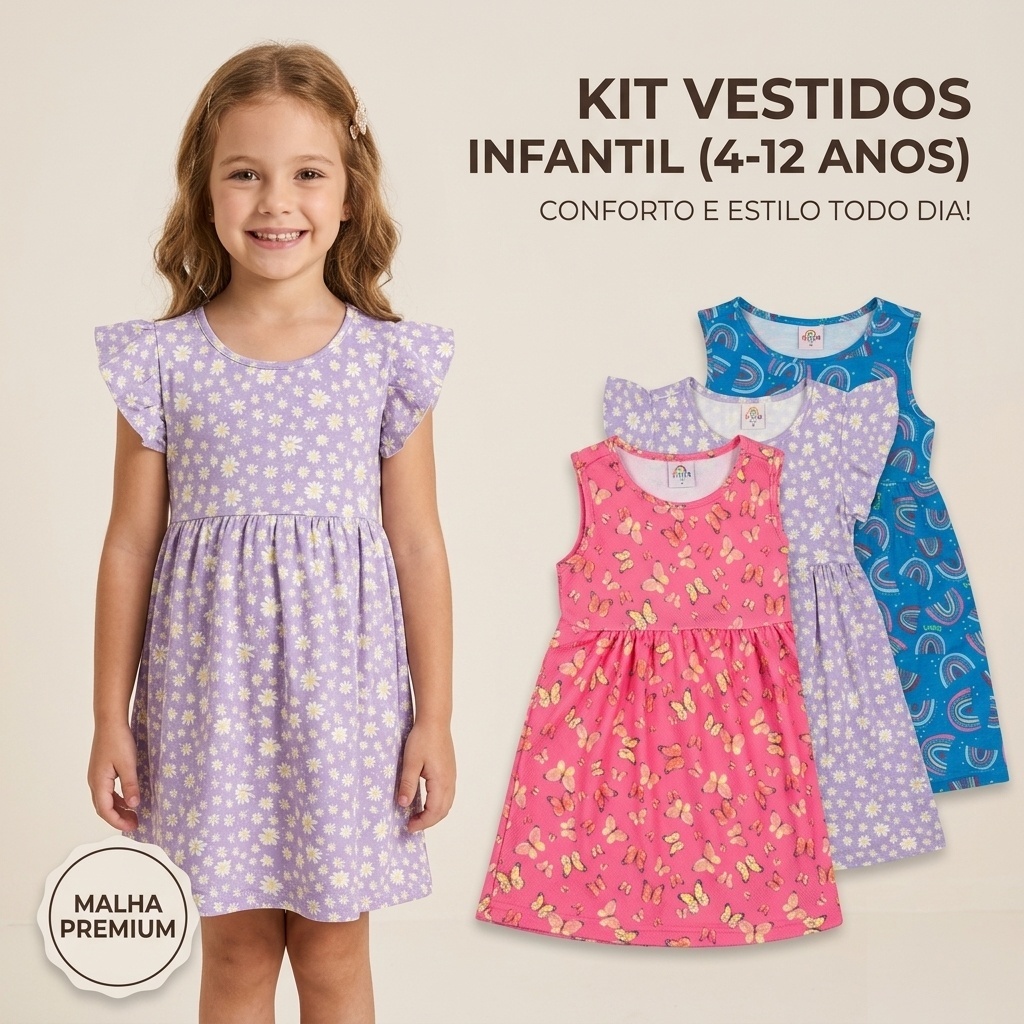 Kit 3 vestidos Infantil Estampado Confortável Malha 4 a 12 Anos – Viscose, Poliéster e Algodão