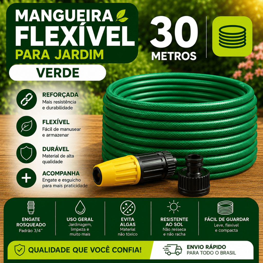 Mangueira Jardim 30 Metros Com Esguicho Trançada Reforçada Flexível Anti Dobra Irrigação Quintal Durável