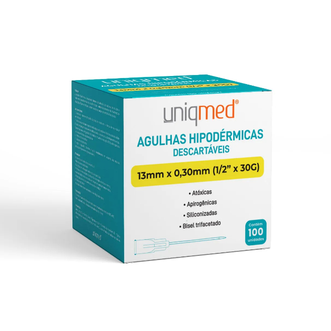 Detalhes do Agulha Hipodermica 30g 13x0,30mm Amarela Uniqmed 100 Unidades