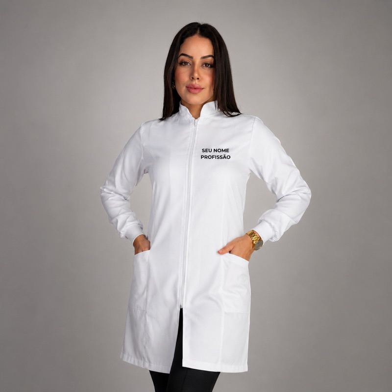Jaleco Feminino bordado nome e profissão gabardine dentista enfermagem esteticista personalizado