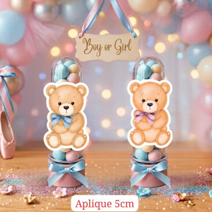 29 Apliques 5cm Chá Revelação  Ursinho Azul e Rosa chá de Bebê Fraldas Festa Lembrancinha Tubete Mimos Personalizados