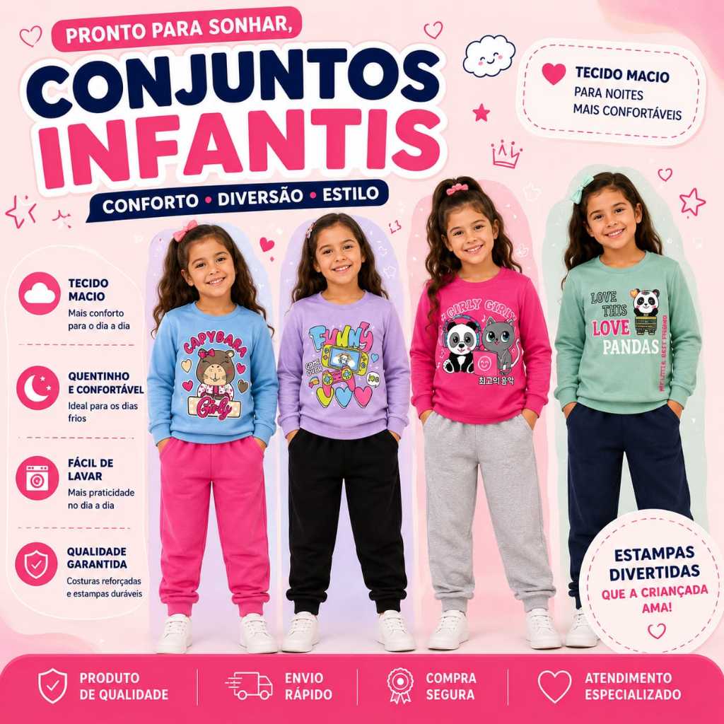 Conjunto Moletom Infantil Inverno Quentinho Tamanhos do 1 ao 8 Feminino Manga Longa.