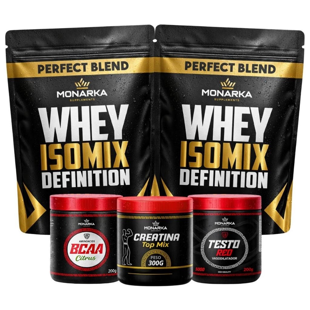 KIT Whey Protein Blend Isolado Concentrado 2kg + Creatina Monoidratada + Testo Red Pré Treino + Bcaa
