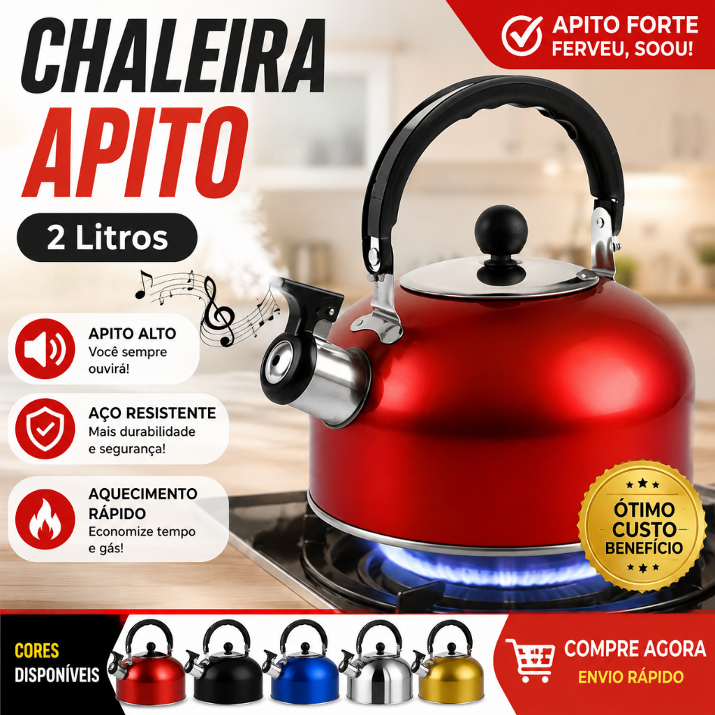 Chaleira Inox com Apito 2L Alça Fogão Gás Elétrico Café Chá Ferve Água Rápido Cozinha Luxo Premium