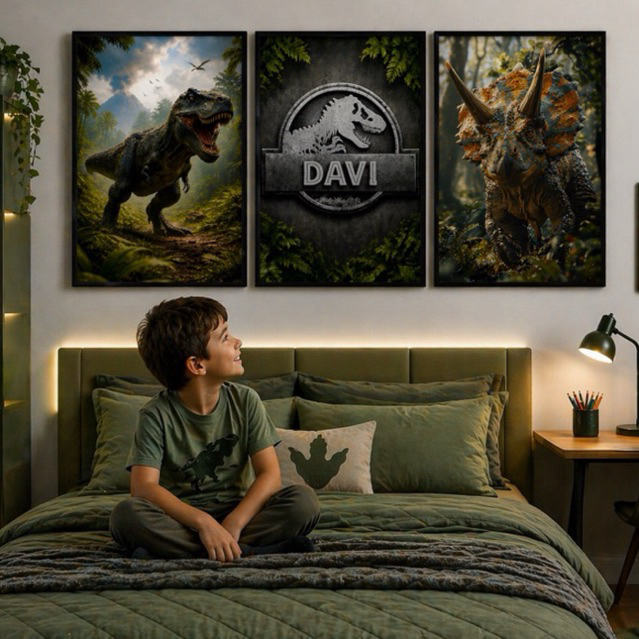 Quadro decorativo 3 peças Dinossauro Jurrasic Park realista Quarto Infantil Juvenil Parede Premium