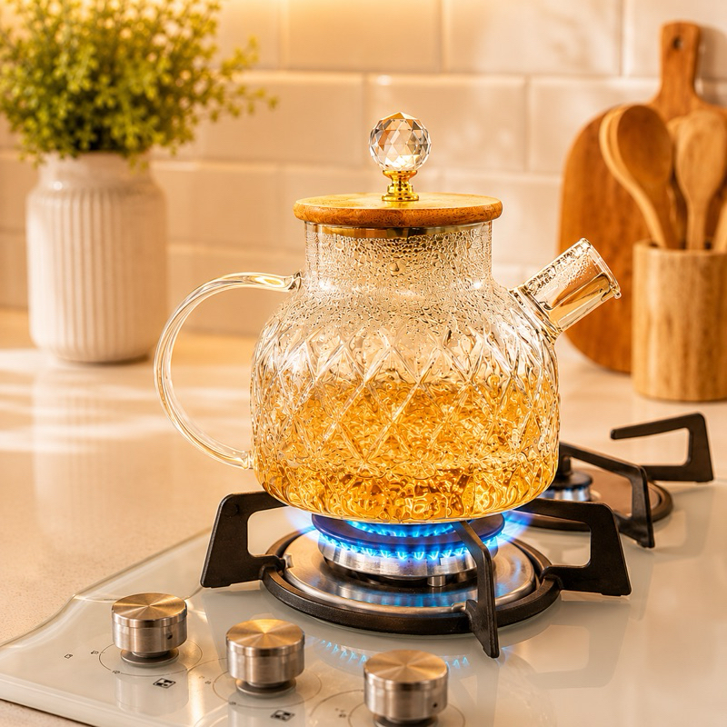 Detalhes do chaleira Bule de Vidro Âmbar para Chá e Sucos com Tampa de Bambu Luxo Elegante Decorativa 1L Cristal Vintage