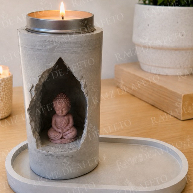 Imagem Oratório Zen Decorativo com Buda, Bandeja e Vela | Kit Artesanal para Meditação e Relaxamentol