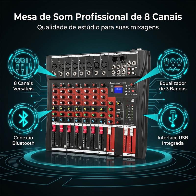 VEDO Console De Mixagem Digital 8 Canais Mesas de Som Bluetooth USB Mixer Mp3 Player Phantom +48V Integrada 110/220V