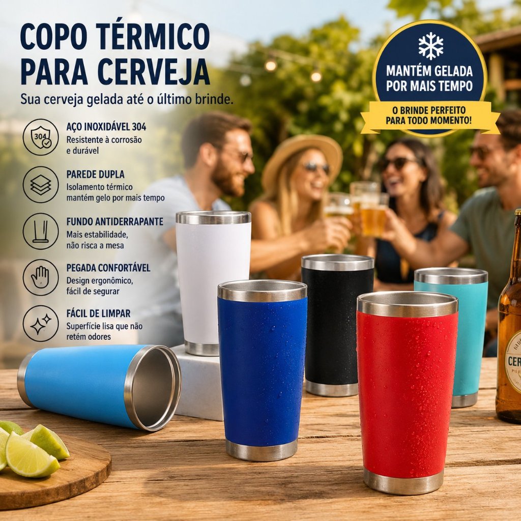 Kit 6/12/18 Copo Térmico de Cerveja OFERTA com Tampa Abridor 473ml - Conserva Gelado, Parede Dupla a Vácuo