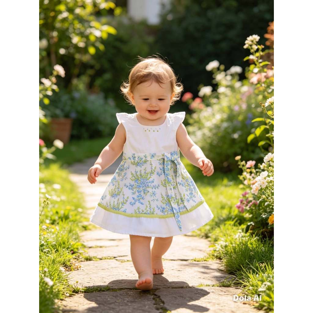 Vestido Bebê Feminino, Modelo Manga Curta, Liso Branco/Floral, Tam: M, Marca: Dmbauer