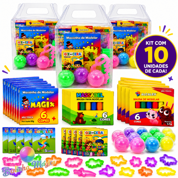 KIT 10 Maleta 10 cx Massinha + 10 Slime+ 10 Giz Cera + 10 Cortadores Lembracinh