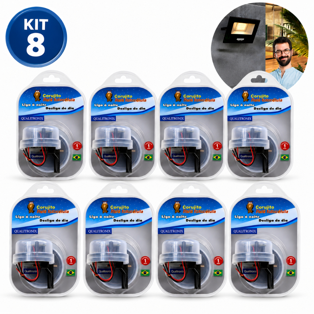 KIT 8  Relé Noturno Corujito Bivolt Sensor Fotocélula e Suporte Automático fácil Qualitronix QR51