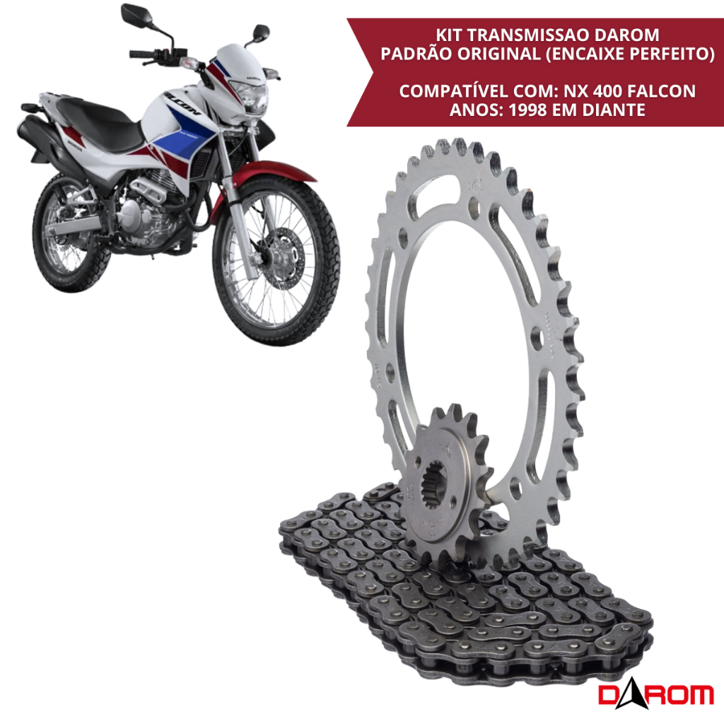 Kit Transmissão Completo Honda NX 400 Falcon 1998 em diante Corrente Reforçada 520H Coroa Pinhão Relação Moto Darom