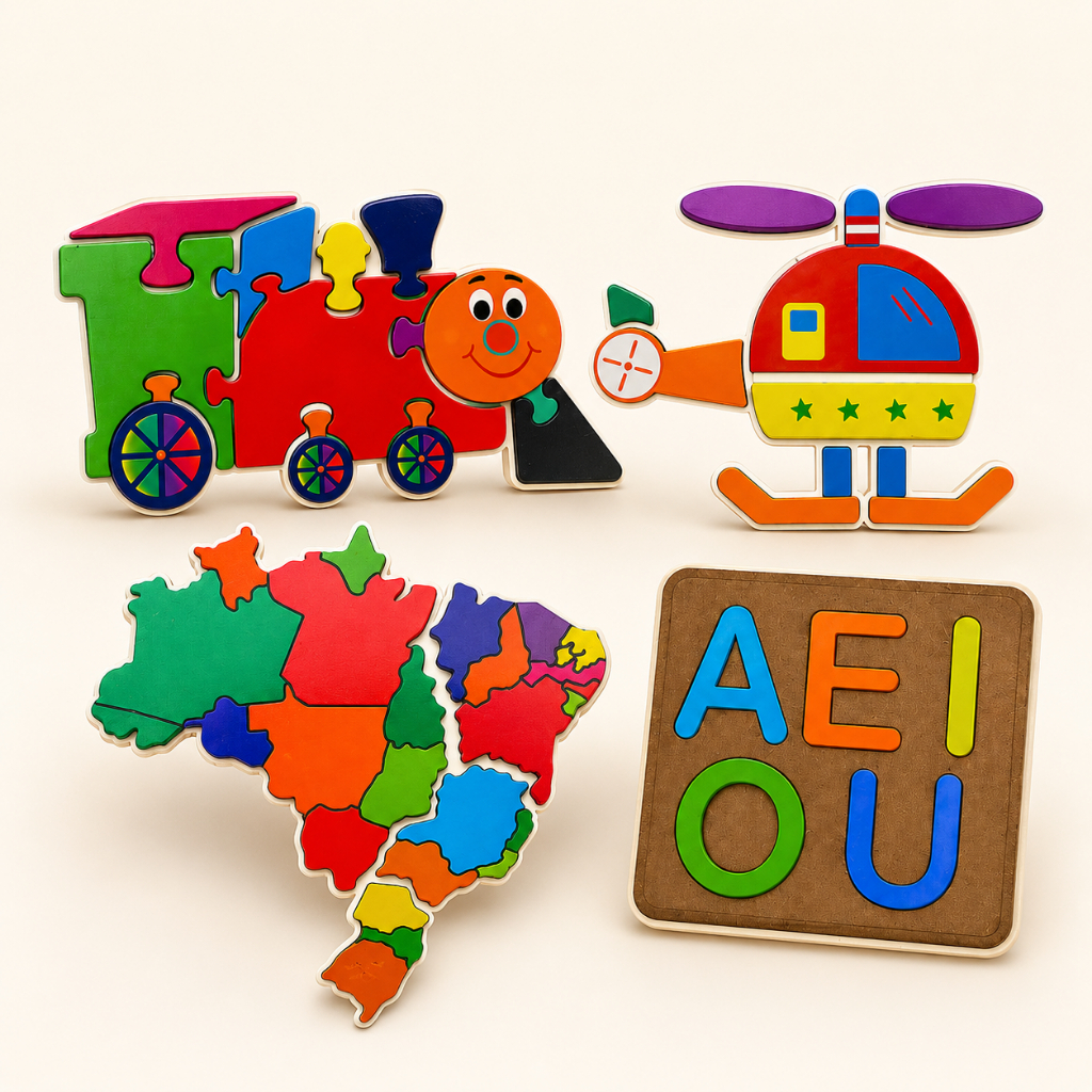 Kit Quebra Cabeça Em Mdf Educativo Infantil Encaixe Educacional Brinquedo Pedagógico Escola Creche