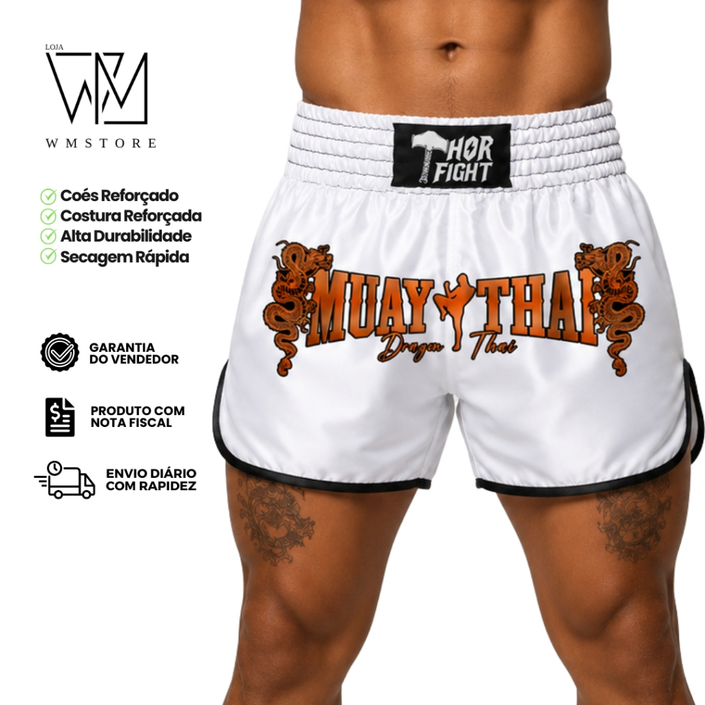 Short Muay Thai Unissex Branco Premium Kickboxing MMA Dragon Thai