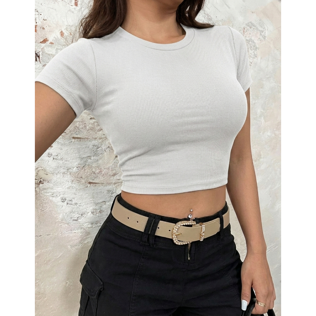 Cropped Blusa Ribana Manga Curta Top Moda Casual Feminino