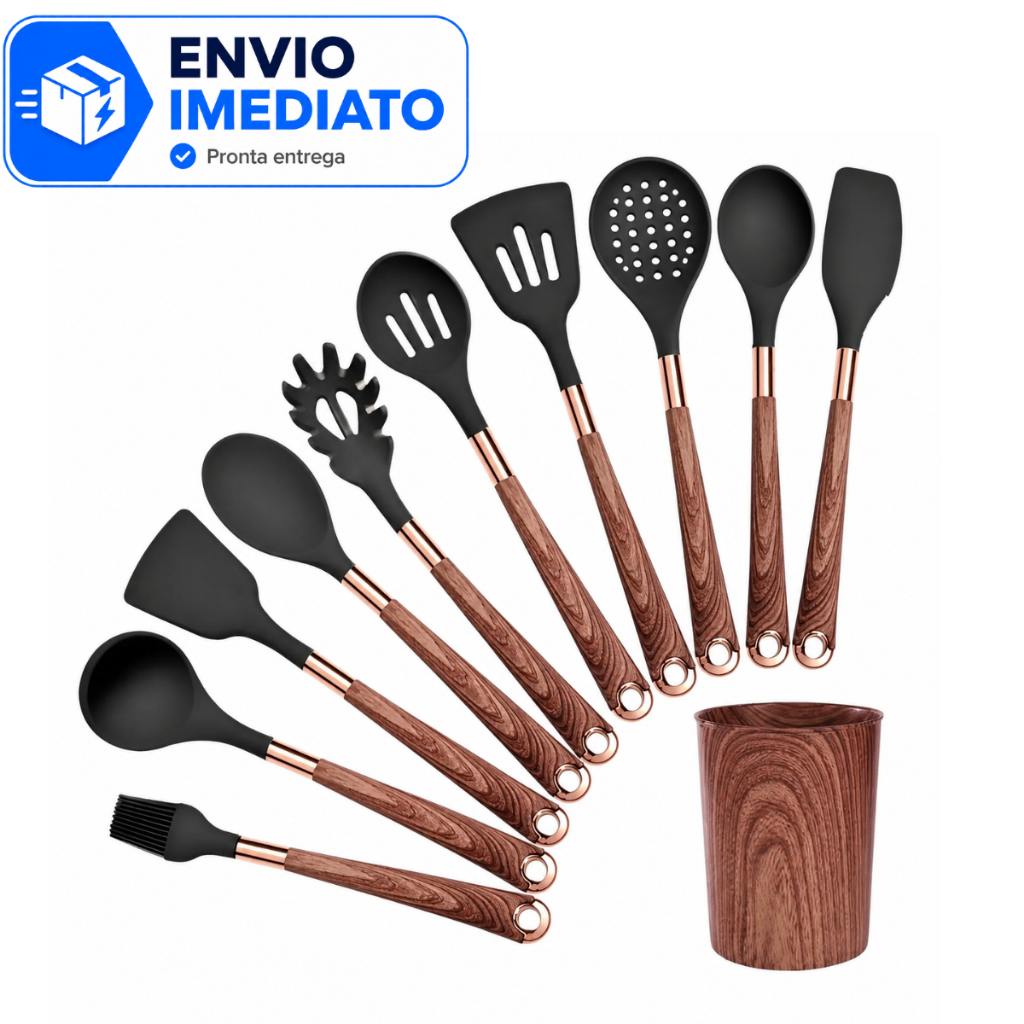 Kit de Cozinha 11 Peças Silicone Cabo Amadeirado Com Suporte Não Risca Panela