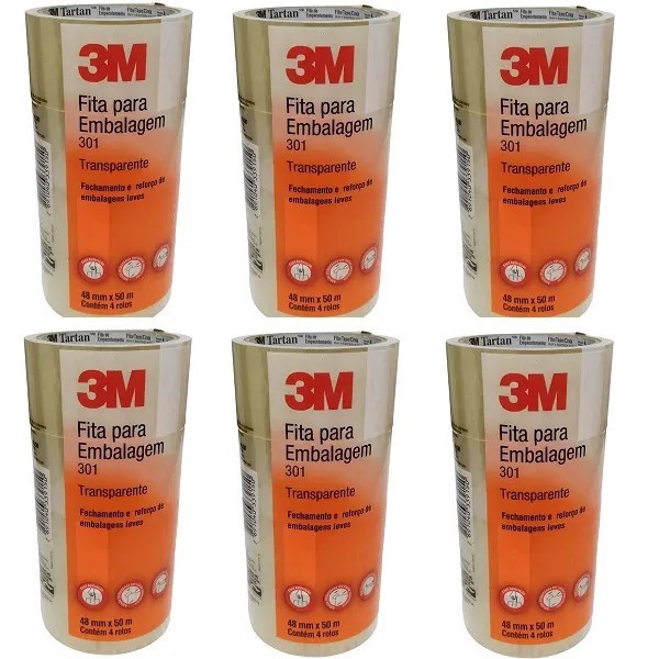 Kit 24 Fita Adesiva 301 Embalagem 3M Transparente 48MM X 50M