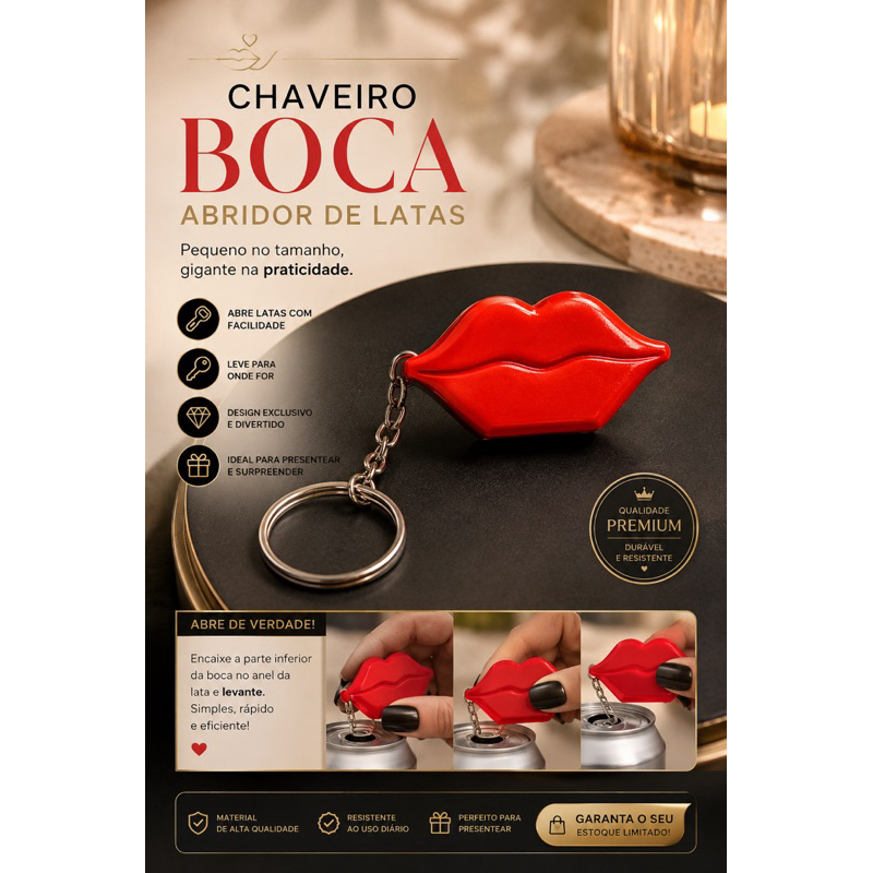 Chaveiro Abridor de Latas Boca Vermelha – Abridor Portátil Criativo e Resistente | Presente Divertido e Funcional