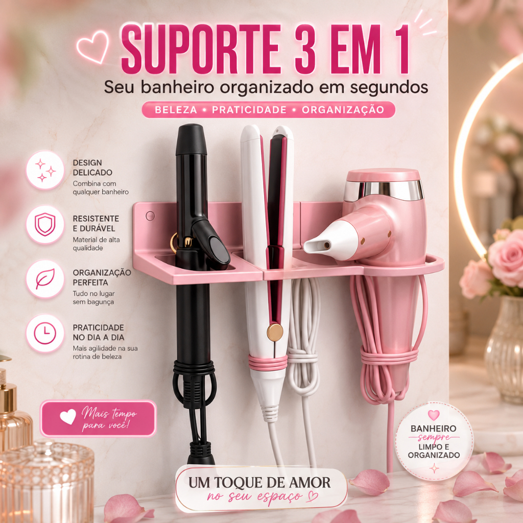 Suporte de Parede 3 em 1 Secador Chapinha Babyliss – Organize seu Banheiro Fácil
