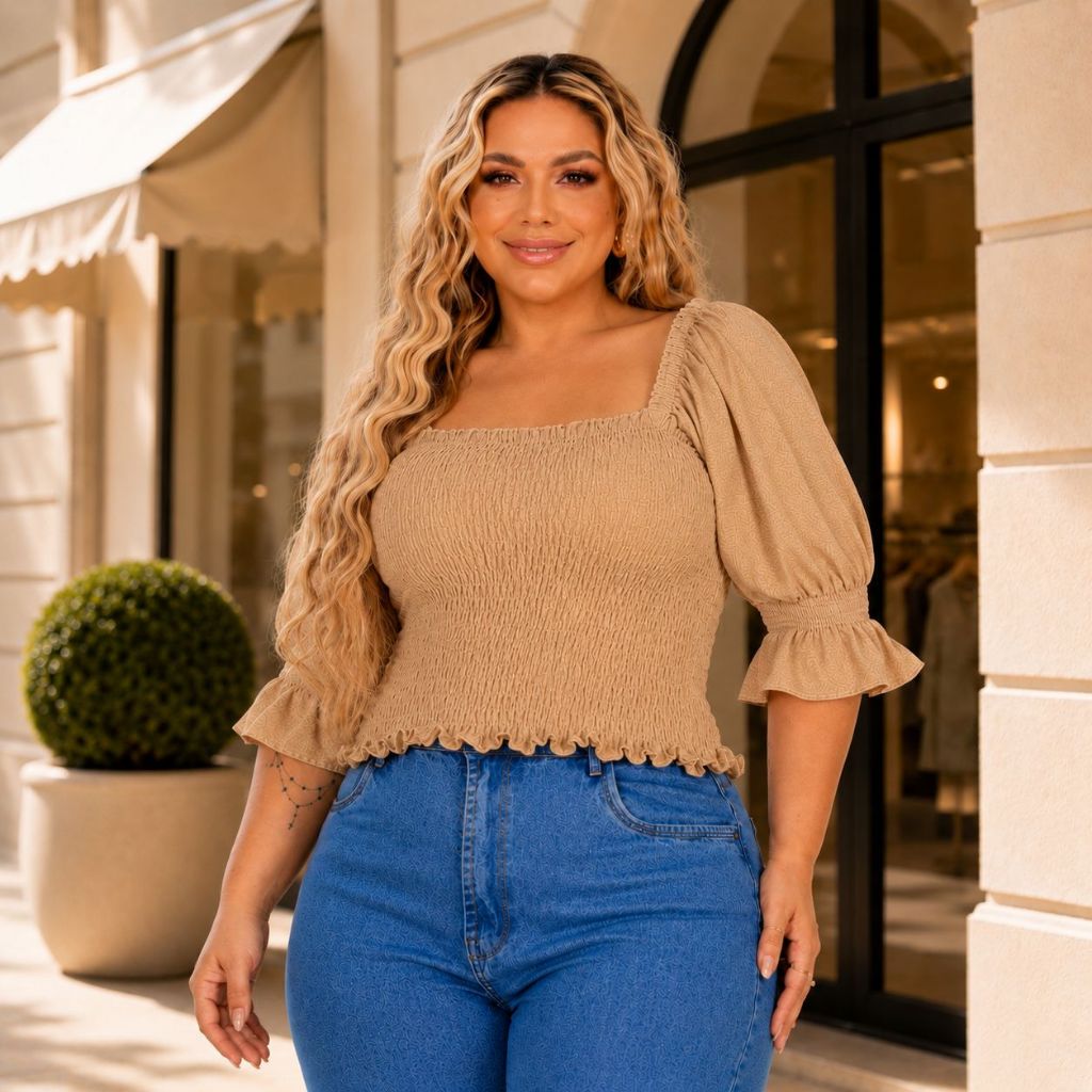 Blusa cropped tamanho maior estiloso manga bufante moderna tecido leve barata roupa feminino plus size lançamento moda