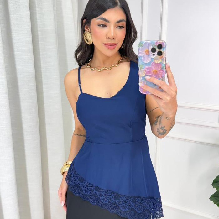 Blusa Regata Alças Fina Assimétrica Feminina Peplum com Renda Moda Elegante e Casual
