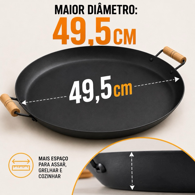 Disco de Arado 49.5cm Tacho Porções - Chapa de Arado com Alças de Madeira, Ideal para Fogão e Churrasco