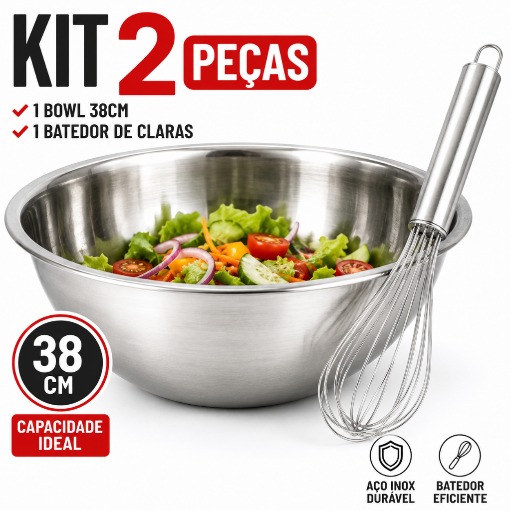 Tigela Bowl Aço Inox 38cm Kit Saladeira Massa Bacia + Batedor Claras Ovos Fouet Uso Cozinha Prateado