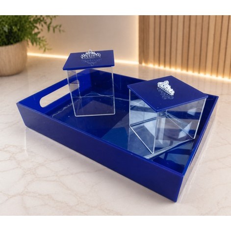 Bandeja Acrílico Azul 30 x 20 x 5cm com Potes Em Acrílico Cristal