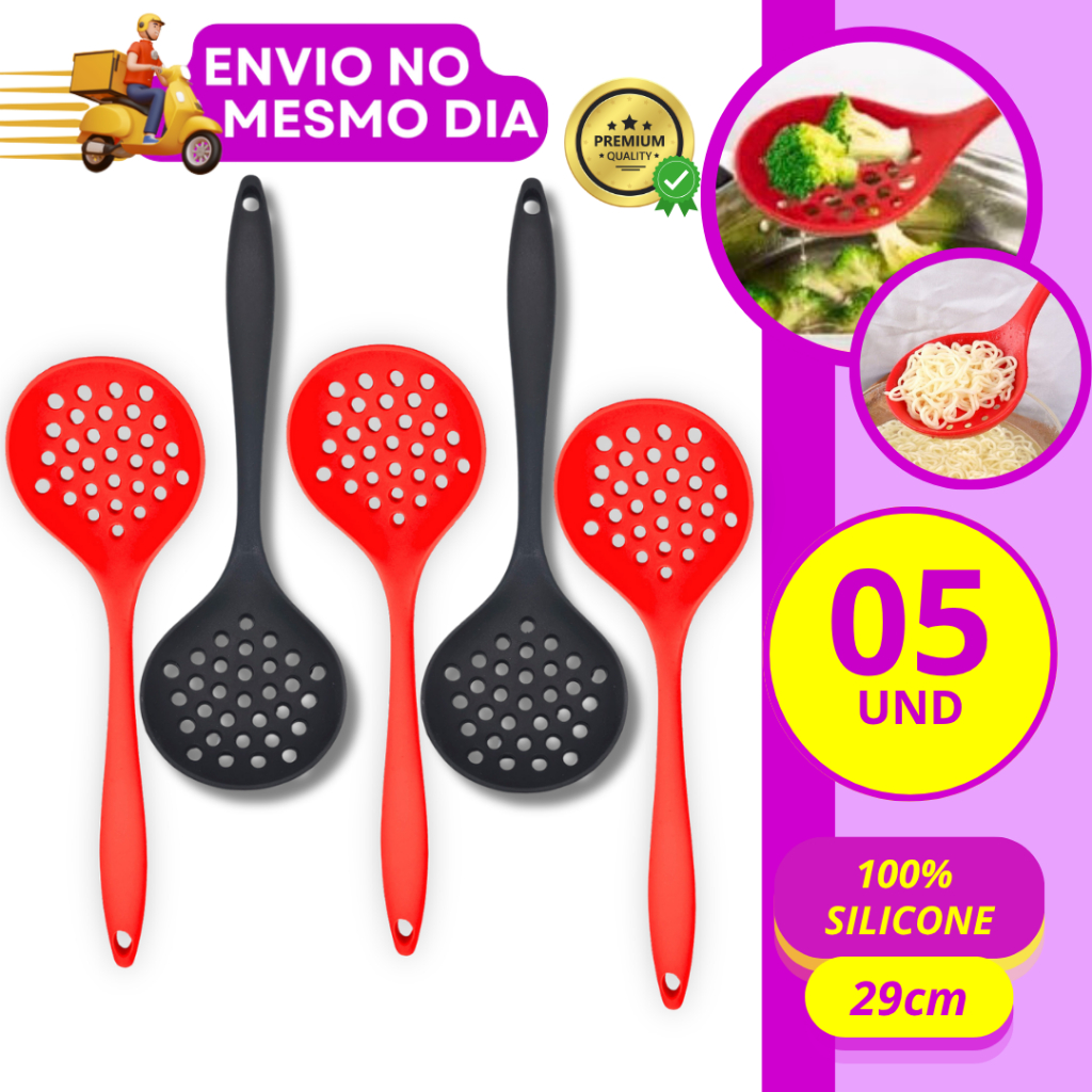 KIT 3/5 Escumadeira em Silicone Premium Antiaderente Resistente Não Risca Panelas Utensílio de Cozinha Profissional