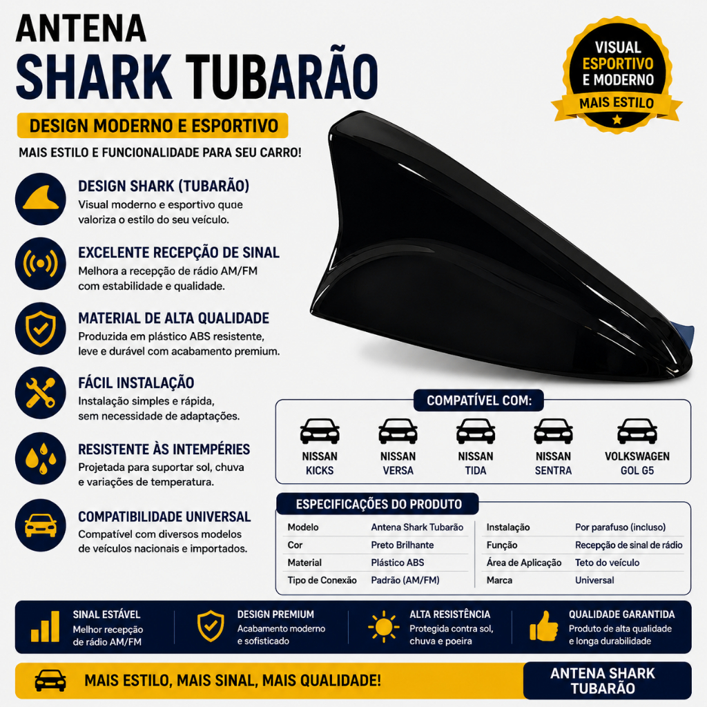 Antena Shark Tubarão Nissan Kicks Versa Tida Sentra Gol G5 Preto Antena Veículo Automotivo Barbatana