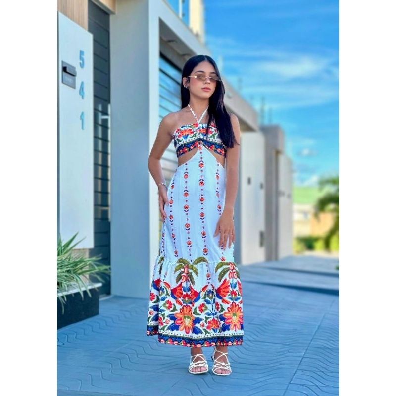 Vestido Longo Estampado Juvenil Com Recortes Laterais Regulável no Busto