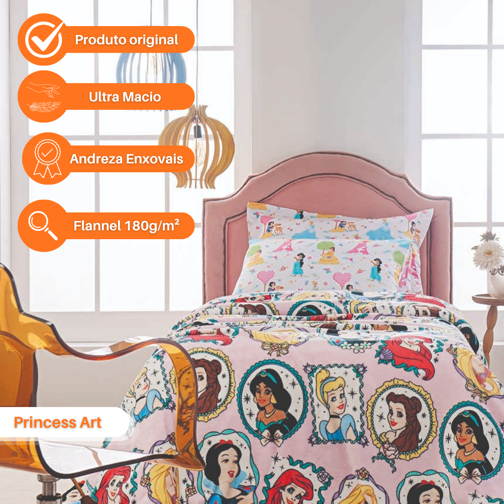 Jogo de lençol/Manta/Edredom Dupla Face SOLTEIRO/Porta Fronha  Princesas Disney 100% Algodão