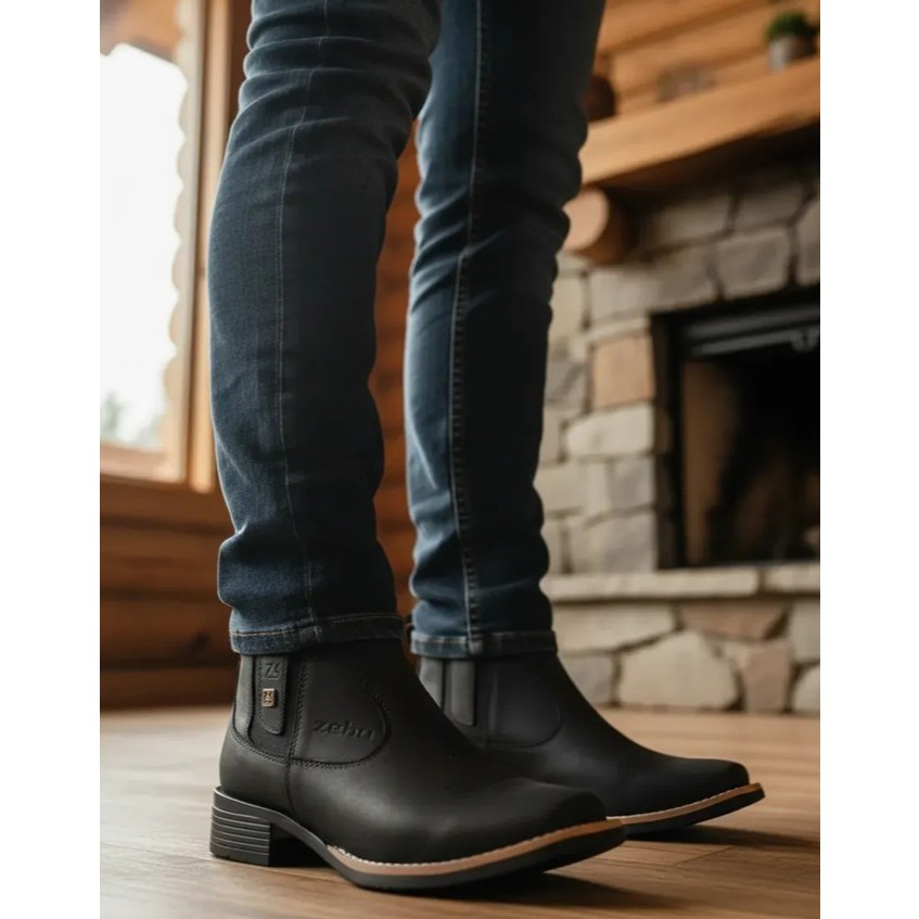 Botina Feminina Zebu Nobuck Preto Bota Western Em Couro Bovino Cano Curto E Uso Diário