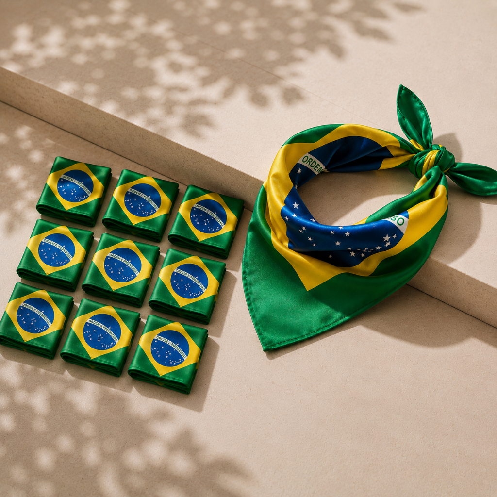 Kit 10 Unidades Lenço Bandana Cetim Seda Echarpe Bandeira Do Brasil 50x50cm Copa Do Mundo Seleção Brasileira Feminina