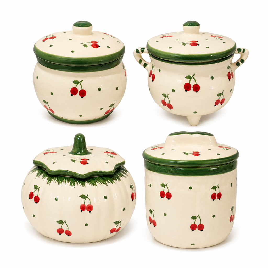 🍒 Potes Decorativos De Cerâmica Esmaltada – Cereja | Decoração