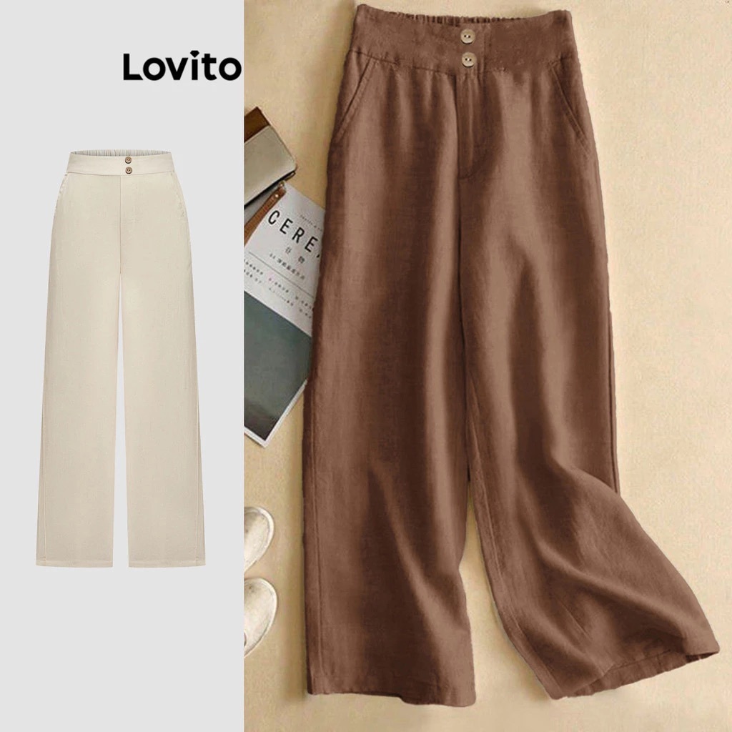 Lovito Lovito Calça Feminina Linho Casual com Botões PTNS21EX224