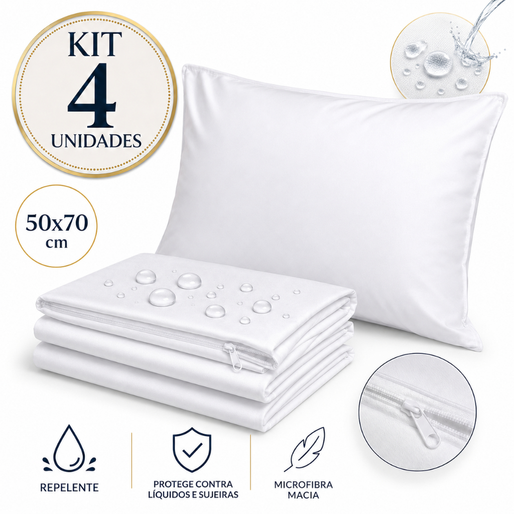 Kit 4 Capas Protetoras Para Travesseiro 50x70 Com Zíper Tecido Repelente Lavável Branca Edromania