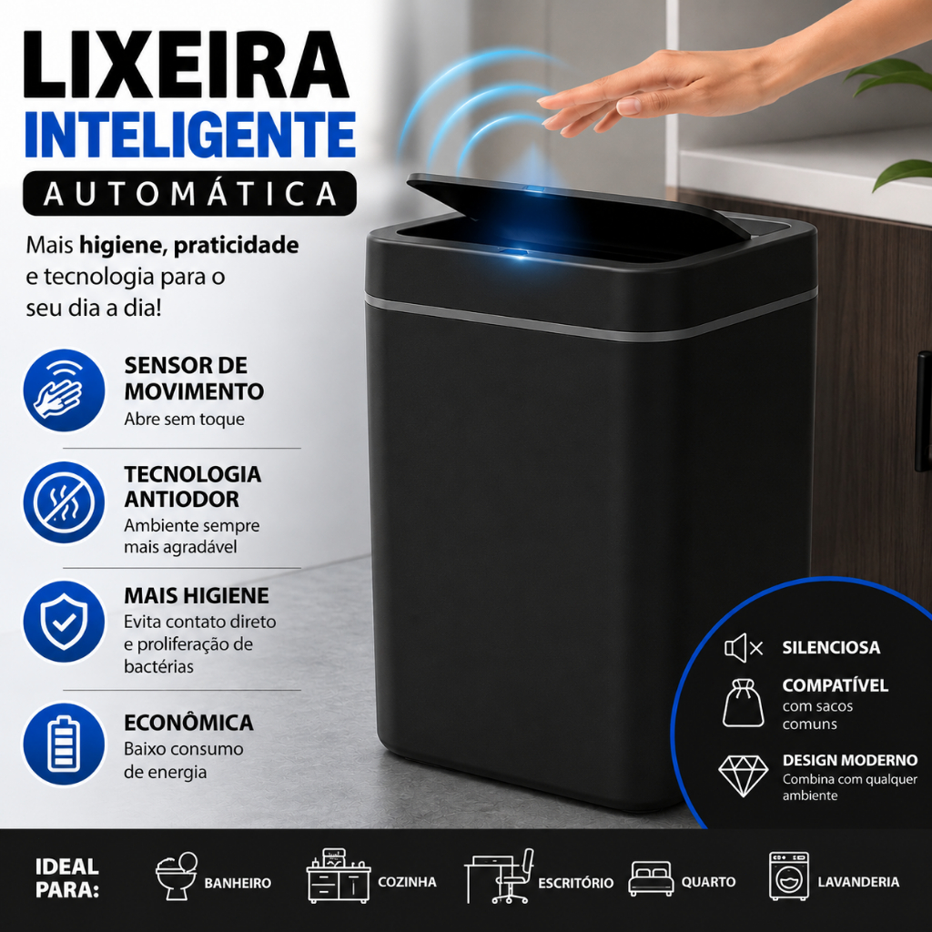 17L Lixeira Inteligente Automática Sensor de Movimento Tampa Touchless Antiodor para Banheiro e Cozinha