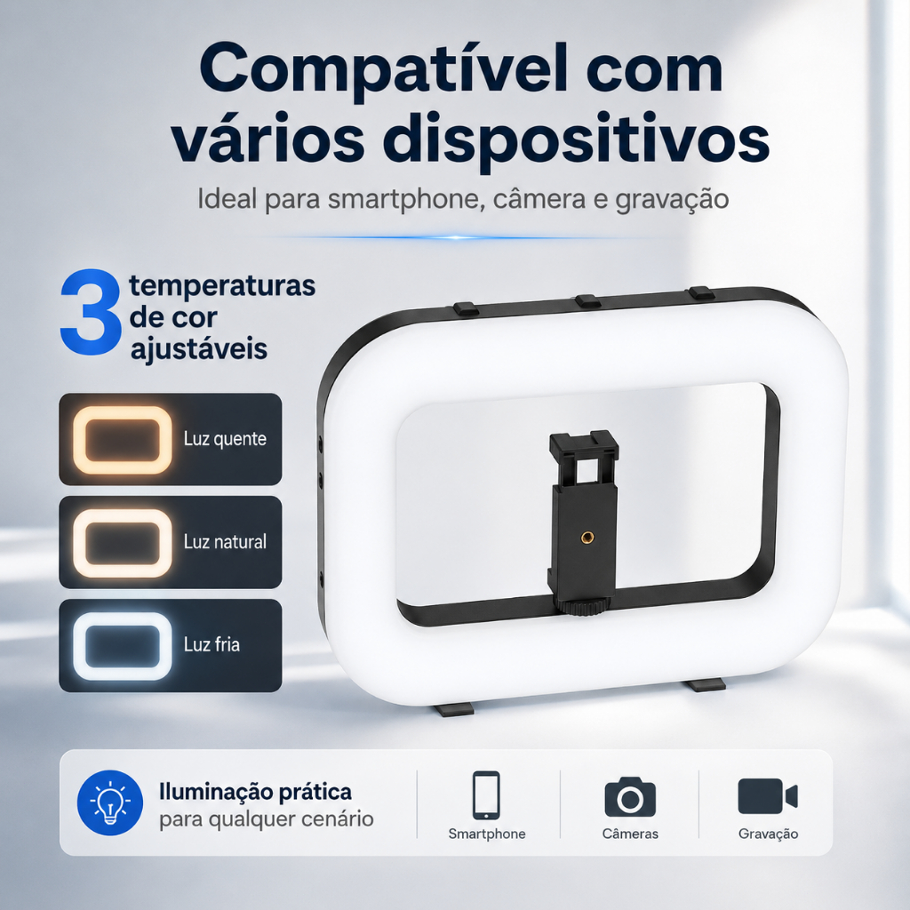 Ring Light LED RGB 20W Profissional Recarregável com Bateria, Clipe e Tripé, Iluminador com Suporte para Celular, Blueto