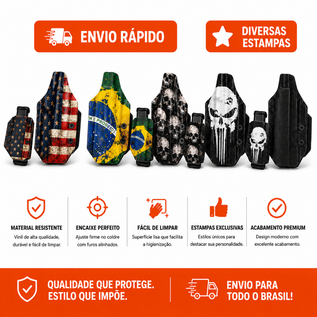 Coldre Velado Gloc* G19 G25 G45 IWB com Porta Carregador no Kydex ou Vynil