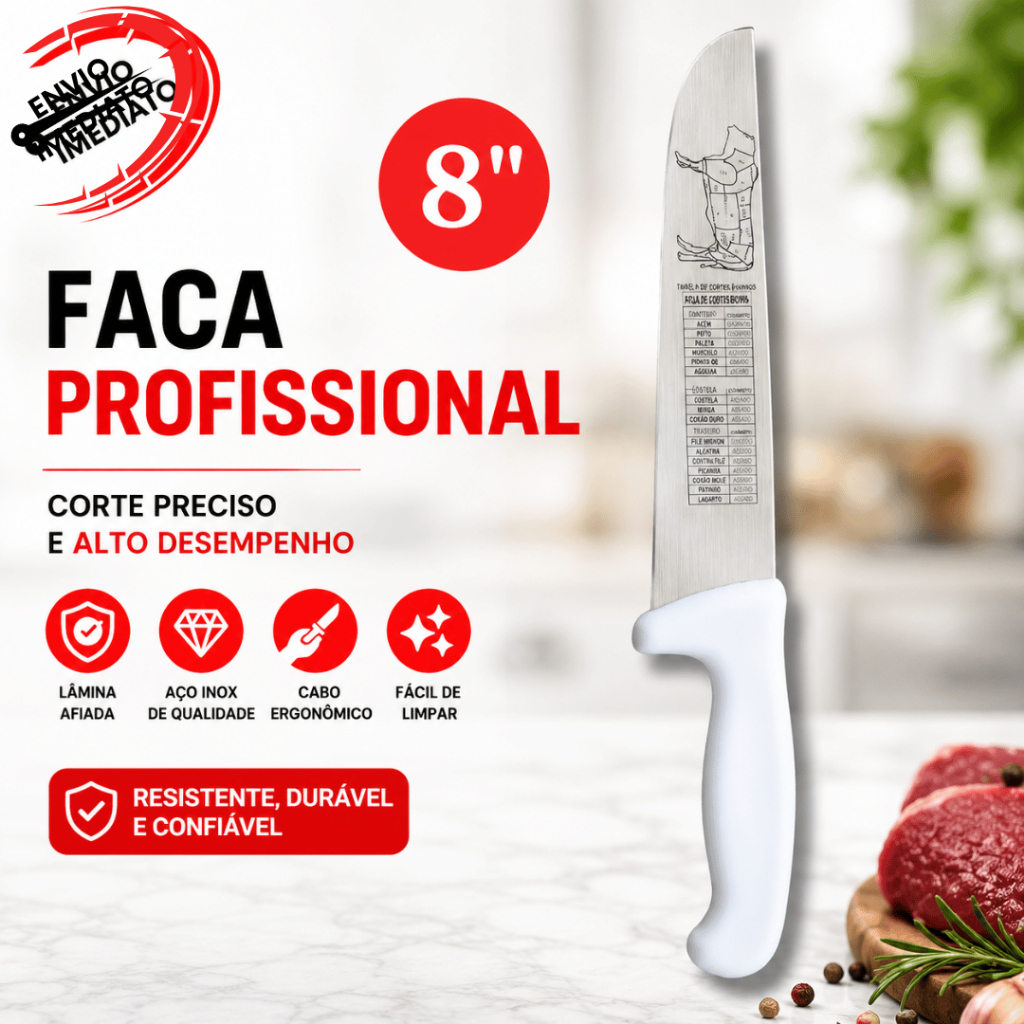 Faca Profissional para Bife 8" de Açougueiro Facas Aço Inox Utensílios Para Cozinha Tamanho 8"