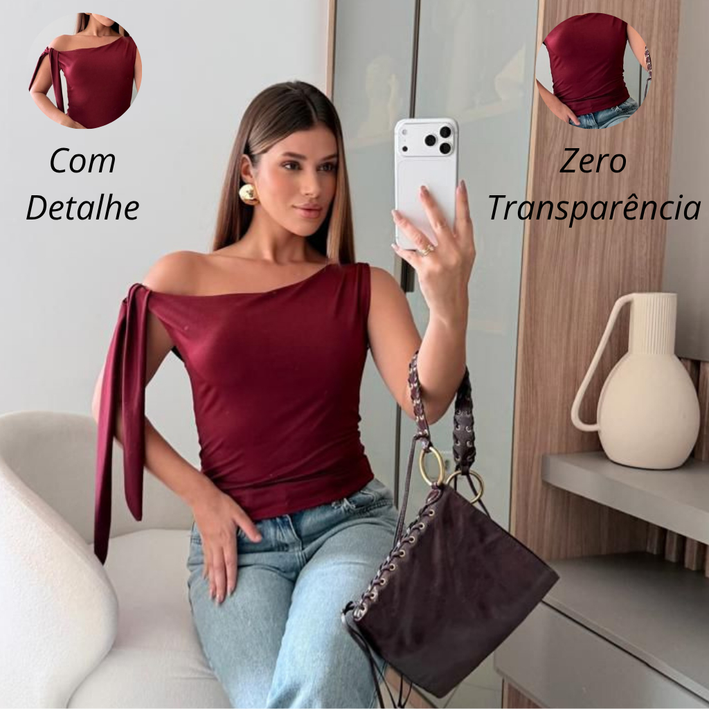 Blusa Feminina Um Ombro Só Com Laço Elegante Casual Confortável Moda Feminina Suplex — imagem 2 de 2