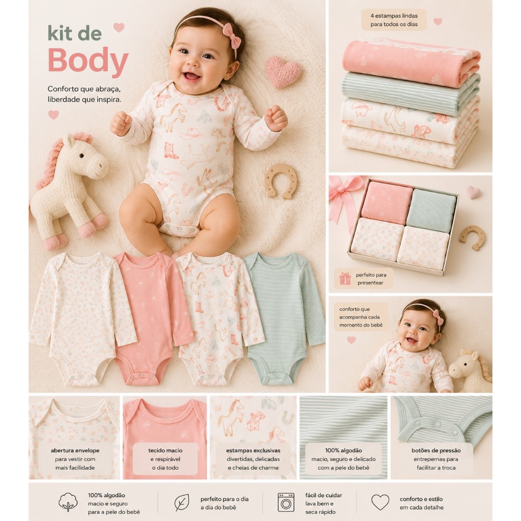 Carter´s Kit body 4 peças manga longa western floral multicor