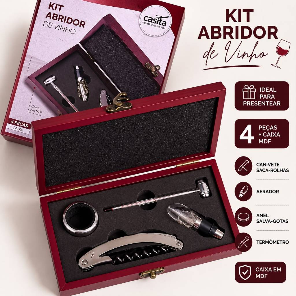 Kit Sommelier Para Vinho Completo Com Caixa De Madeira 4 Peças Luxo